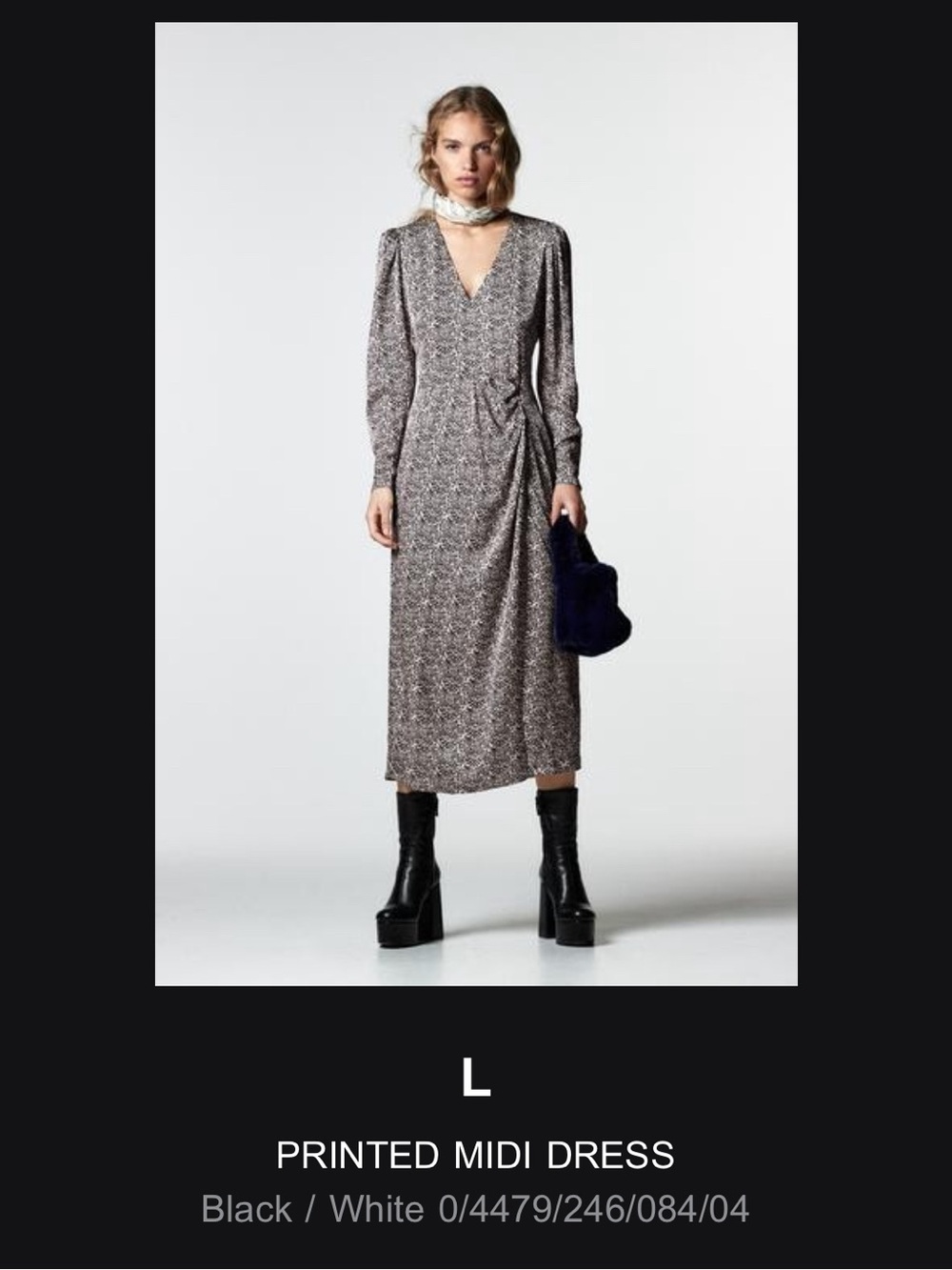Zara Black and White Printed V‑Neck Midi Dress